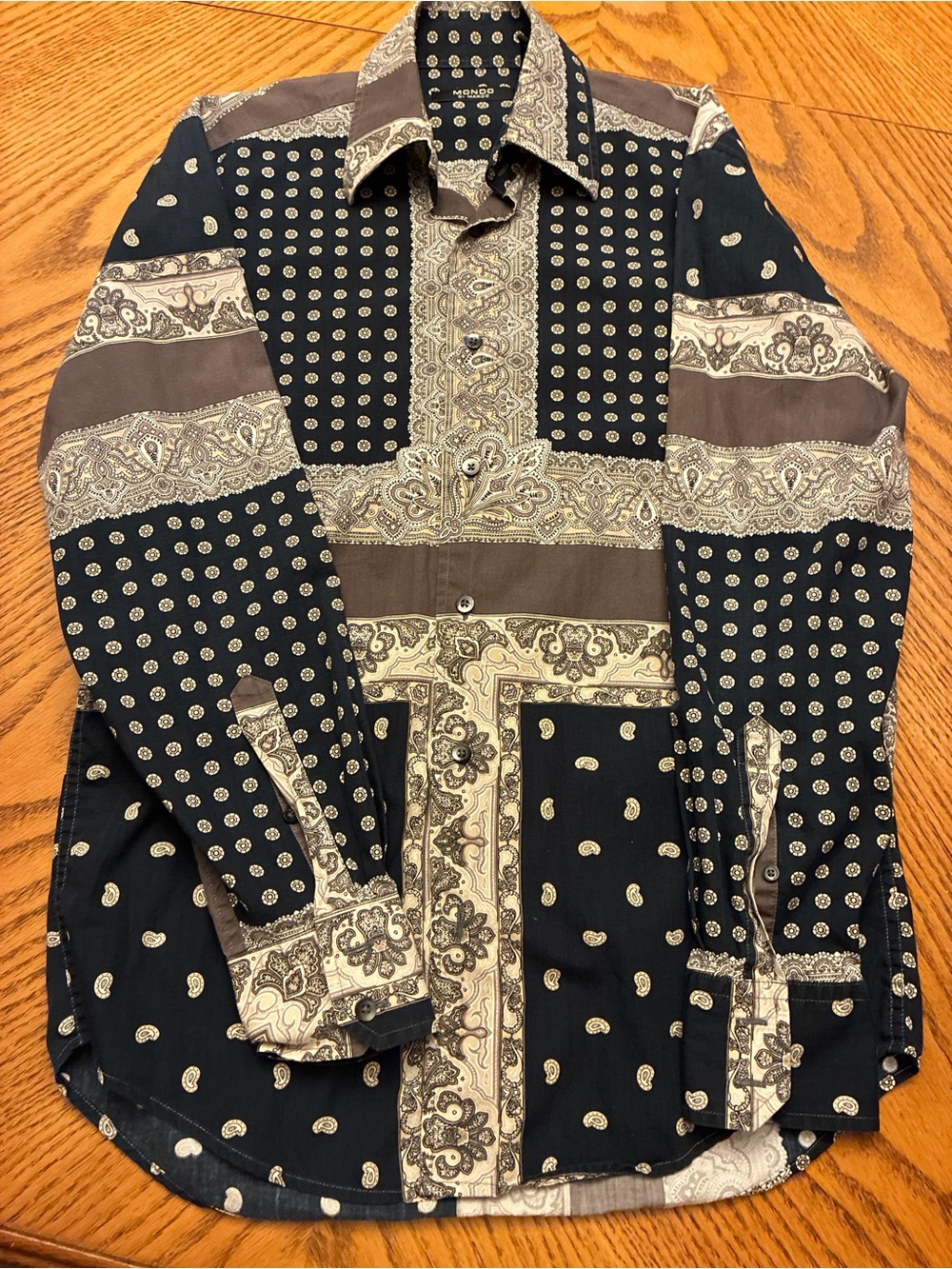 Mondo Di Marco Men's Paisley Patchwork Button-Up Shirt in Black and Brown vtg - Picture 6 of 10